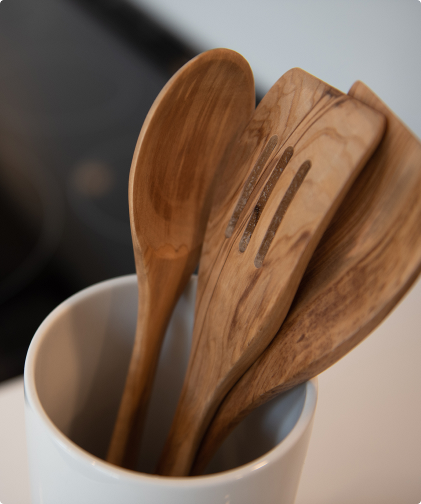 A set of wooden cooking utensils